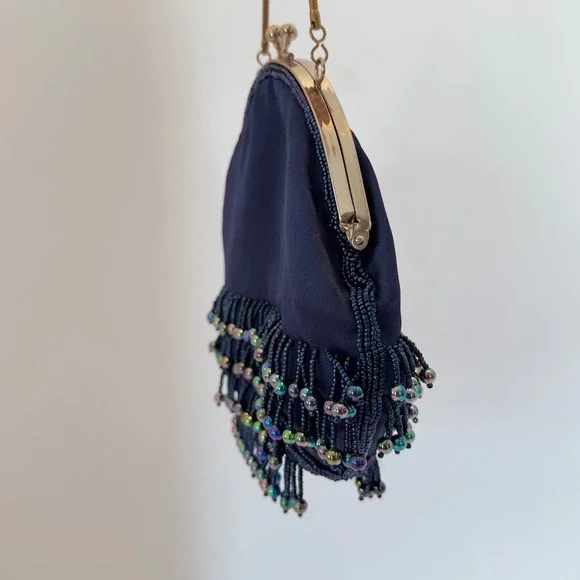 Vintage Navy Blue Satin Beaded Fringe Evening Bag Iridescent Oil Slick Kiss Lock - Picture 3 of 11